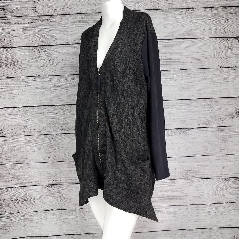 LOGO Cardigan Sweater Asymmetrical Hem Zip up Knit Pockets Gray S Loungewear